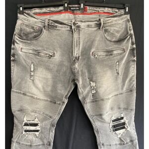 Makobi Ripped Stretch Jeans M1962 Gray Stone Wash Men 50/32 Y2K HipHop Rock MOTO